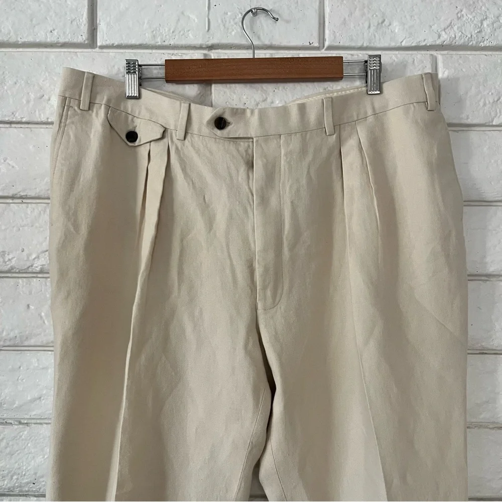 New & Lingwood Men’s Dress Slacks Trouser Cream Ivory Italian Linen Sz 42 Luxury